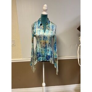 Vintage Y2K Cache Crinkle Satin Blouse Medium Fairy Mermaid Goth Sheer Top